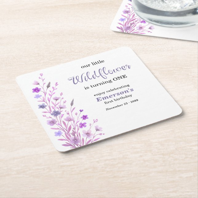 Porta-copo De Papel Quadrado Elegant Purple Wildflower 1st Birthday Party (Inclinado)