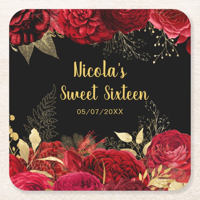 Porta-copo De Papel Quadrado Elegant Red and Gold Flowers Sweet Sixteen  (Frente)
