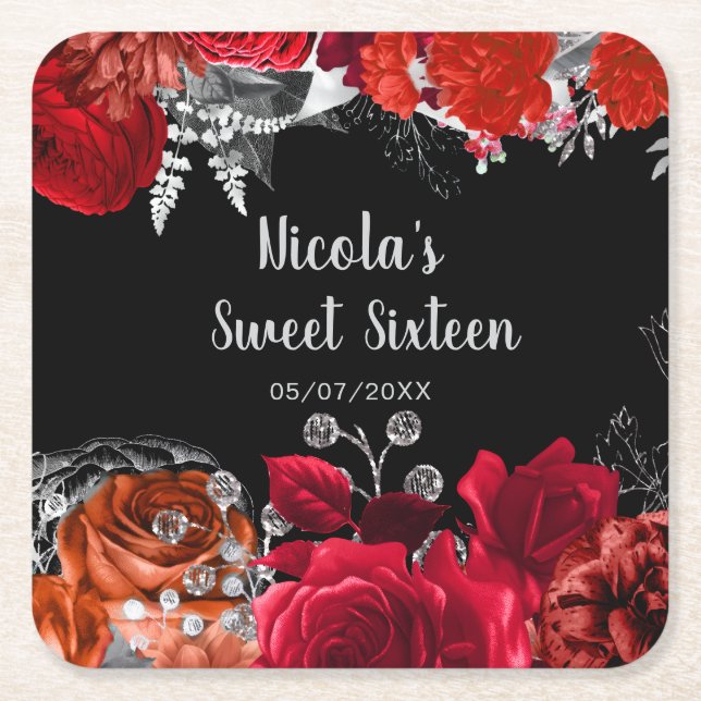 Porta-copo De Papel Quadrado Elegant Red and Silver Flowers Sweet Sixteen  (Frente)