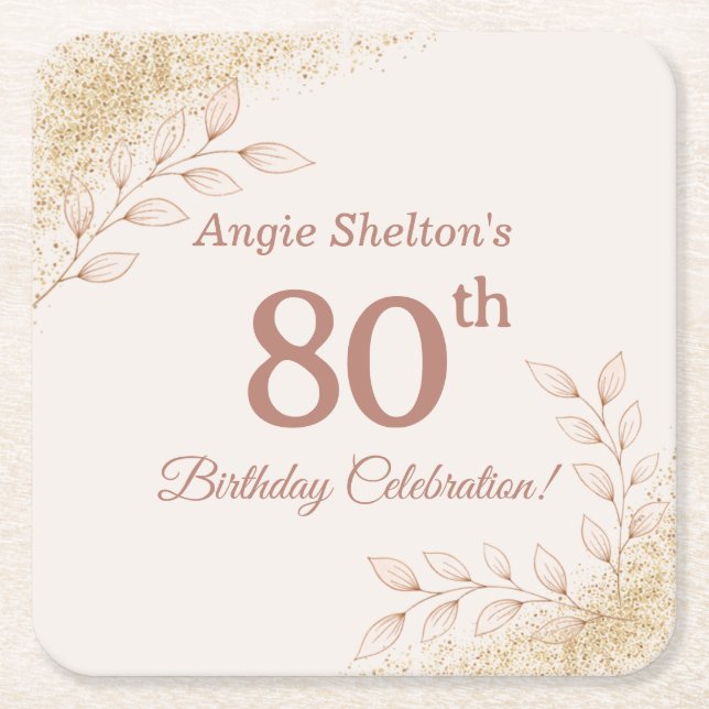 Porta-copo De Papel Quadrado Elegant Rose Gold 80th Birthday Celebration  (Frente)