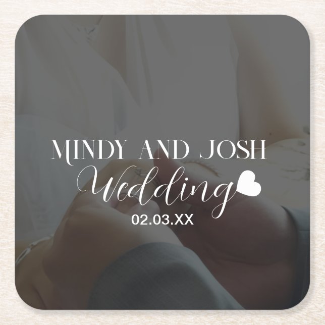 Porta-copo De Papel Quadrado Elegant Script Heart Photo  (Frente)