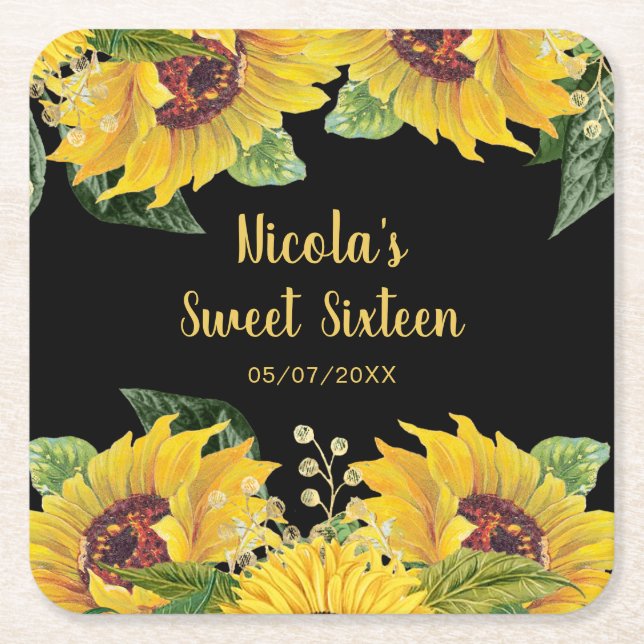 Porta-copo De Papel Quadrado Elegant Sunflowers and Foliage Sweet Sixteen (Frente)