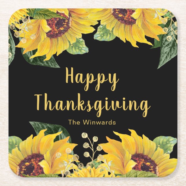 Porta-copo De Papel Quadrado Elegant Sunflowers and Foliage Thanksgiving Party (Frente)