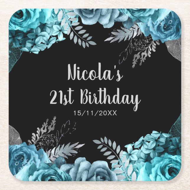 Porta-copo De Papel Quadrado Elegant Teal Blue and Silver Flower Birthday Party (Frente)