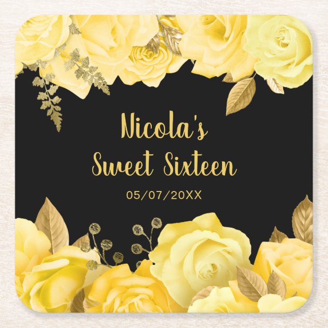 Porta-copo De Papel Quadrado Elegant Yellow and Gold Flowers Sweet Sixteen (Frente)