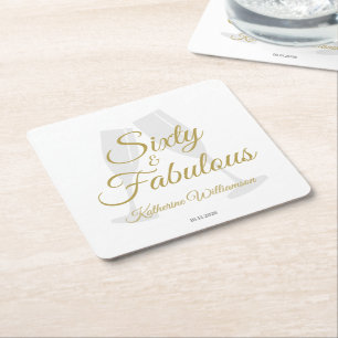 Porta-copo De Papel Quadrado Elegante 60 e Fabuloso Aniversário Branco Dourado