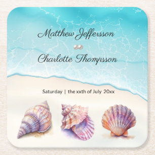 Porta-copo De Papel Quadrado Elegante Beach Wedding Seashells Pearls Náutico