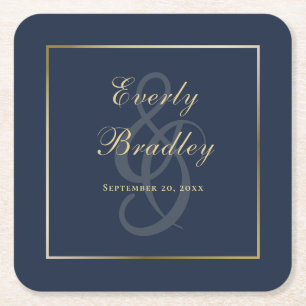 Porta-copo De Papel Quadrado Elegante Borda Dourada Azul Marinho Simples Script