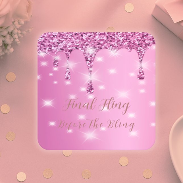 Porta-copo De Papel Quadrado Elegante Brilho Rosa Quente com Gotejamento de Sol (Hot pink coasters for bachelorette parties, bridal gifts, or luxe drink station styling.)