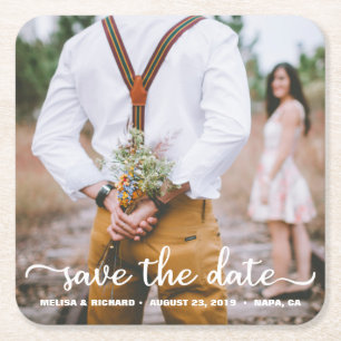 Porta-copo De Papel Quadrado Elegante Casal de Caligrafia Foto Save The Date