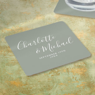Porta-copo De Papel Quadrado Elegante Casamento em Verde Sage com Letra de Assi