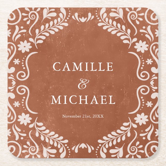 Porta-copo De Papel Quadrado Elegante Casamento Mexicano Papel Picado Porta cop (Frente)