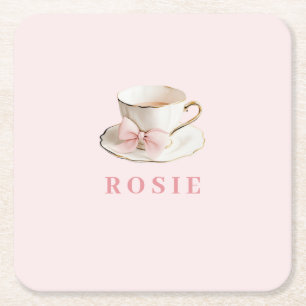 Porta-copo De Papel Quadrado Elegante Coquette Preppy Pink Teacup com Arco