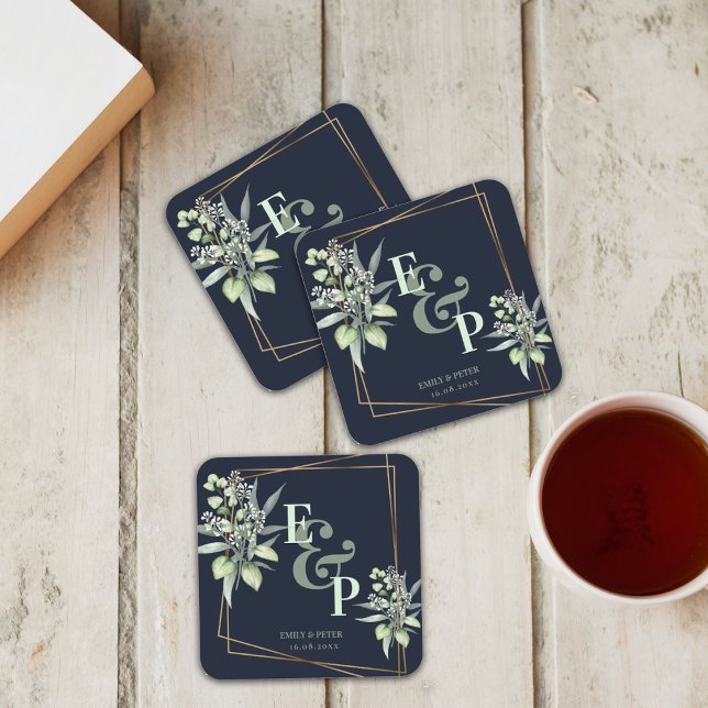 Porta-copo De Papel Quadrado Elegante Eucalyptus Monograma Festa de casamento v (Criador carregado)