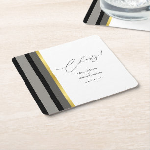 Porta-copo De Papel Quadrado Elegante Faixa Preta Cinza Dourado Casamento