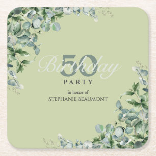 Porta-copo De Papel Quadrado Elegante Flor Verde Pastel para Aniversário de 50