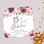 Porta-copo De Papel Quadrado Elegante Floral 75ª Festa de aniversário<br><div class="desc">Porta copos elegante da 75ª festa de aniversário com "75 & Fabuloso" em um roteiro de caligrafia e buquês de aquarela de florais vermelhos e cor-de-rosa borrifados e pincelados com verde-salva.</div>