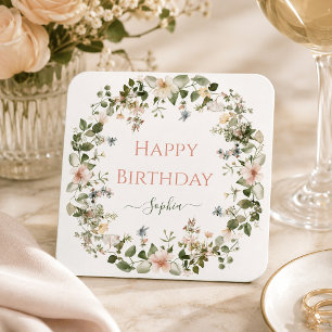 Porta-copo De Papel Quadrado Elegante Floral Happy Birthday - Partido Personali