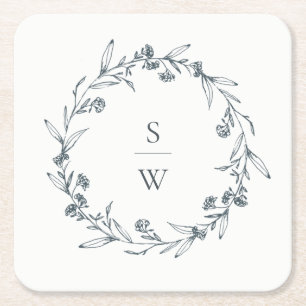 Porta-copo De Papel Quadrado Elegante Floral Laurel Wreath Monograma Casamento