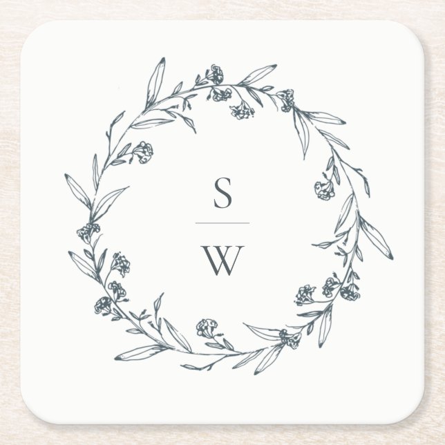 Porta-copo De Papel Quadrado Elegante Floral Laurel Wreath Monograma Casamento (Frente)