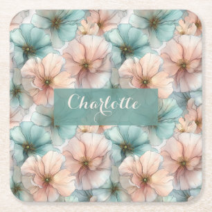 Porta-copo De Papel Quadrado Elegante Floral Personalizado Rosa e Verde Vintage