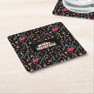 Porta-copo De Papel Quadrado Elegante Green Dourada Leaves e Red Holly Berries