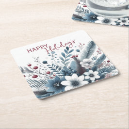 Porta-copo De Papel Quadrado Elegante Grinalda de Férias Floral Azul Teal Escur