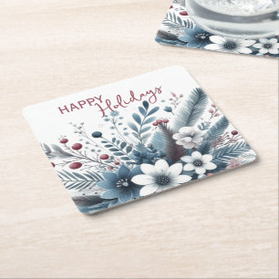 Porta-copo De Papel Quadrado Elegante Grinalda de Férias Floral Azul Teal Escur