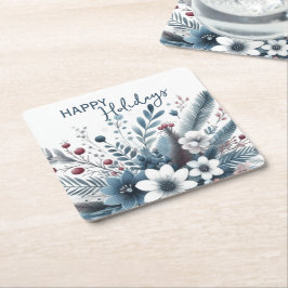 Porta-copo De Papel Quadrado Elegante Grinalda de Férias Floral Azul Teal Escur