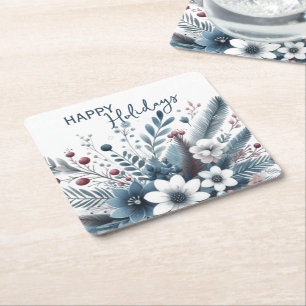 Porta-copo De Papel Quadrado Elegante Grinalda de Férias Floral Azul Teal Escur