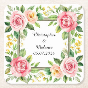 Porta-copo De Papel Quadrado Elegante Moldura Floral de Aquarela