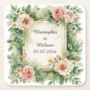 Porta-copo De Papel Quadrado Elegante Moldura Floral em Aquarela