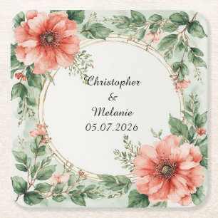 Porta-copo De Papel Quadrado Elegante Moldura Floral em Aquarela