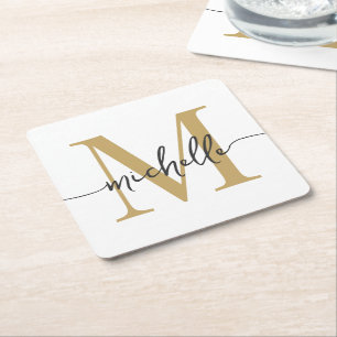 Porta-copo De Papel Quadrado Elegante Nome em Script Moderno de Ouro Branco