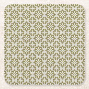 Porta-copo De Papel Quadrado Elegante padrão repetitivo Fleur de Lis verde oliv