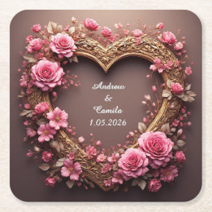 Porta-copo De Papel Quadrado Elegante Quadro de Coração Decorado com Rosas Pink