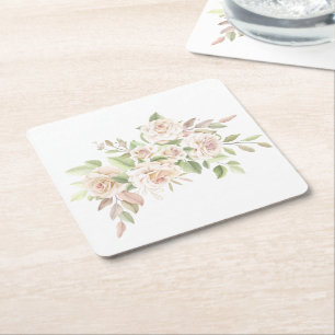 Porta-copo De Papel Quadrado Elegante Rosa Amor Bege Floral Casamento Redondo