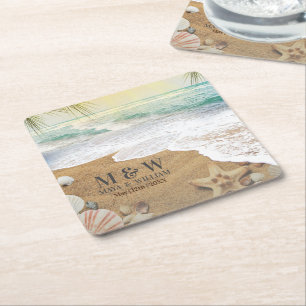 Porta-copo De Papel Quadrado Elegante Sol e Praia de Oceano Azul