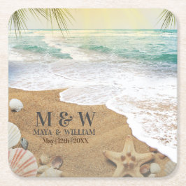 Porta-copo De Papel Quadrado Elegante Sol e Praia de Oceano Azul