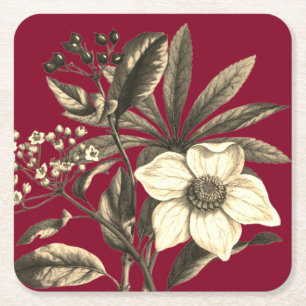 Porta-copo De Papel Quadrado Elegante Vintage Botânica Beige Rosa de Natal