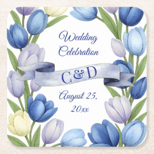 Porta-copo De Papel Quadrado Elegante Watercolor Tulip Wreath Casamento Blue Iv