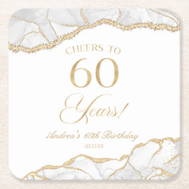 Porta-copo De Papel Quadrado Elegante White Dourado Agate 60ª Festa de aniversá
