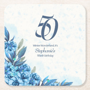 Porta-copo De Papel Quadrado Elegante Winter White Blue Flowers 50º aniversário