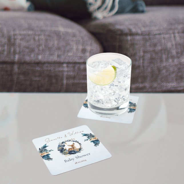 Porta-copo De Papel Quadrado Elegante Woodland Chá de fraldas Deer Blue Dourado (Criador carregado)