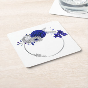 Porta-copo De Papel Quadrado elegantes flores azuis e prateadas