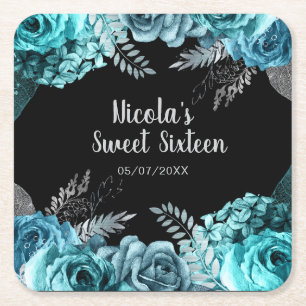 Porta-copo De Papel Quadrado Elegantes Flores Azul Turquesa e Prata Sweet Sixte