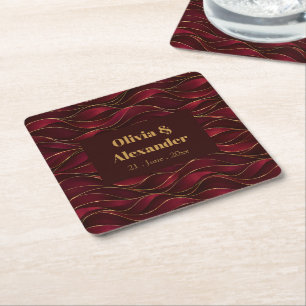 Porta-copo De Papel Quadrado Elegantes Ondas de Mármore Vermelho Borgonha com A