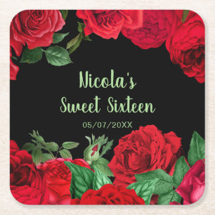 Porta-copo De Papel Quadrado Elegantes Rosas Vermelhas Flores Sweet Sixteen
