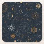 Porta-copo De Papel Quadrado Elementos místicos celestes do Sol e da Lua<br><div class="desc">Projetada para coordenar com a nossa Coleção Mística Celestial, esta porta copos de papel única apresenta elementos celestes de ouro maravilhosos sobre fundo de marinho escuro. Para personalização mais avançada deste design, por exemplo, alteração do layout, da fonte ou do tamanho do texto, clique no botão "PERSONALIZAR" acima. Por favor,...</div>