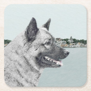 Porta-copo De Papel Quadrado Elkhound norueguês na pintura da vila - Arte canin